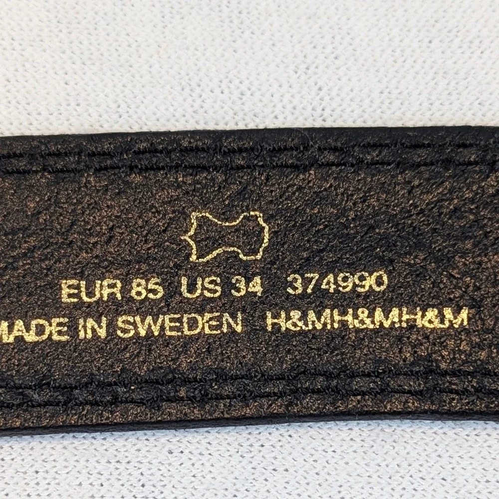 H&M Mens Black Leather Belt Silver Buckle Size 34 Made in Sweden 374990